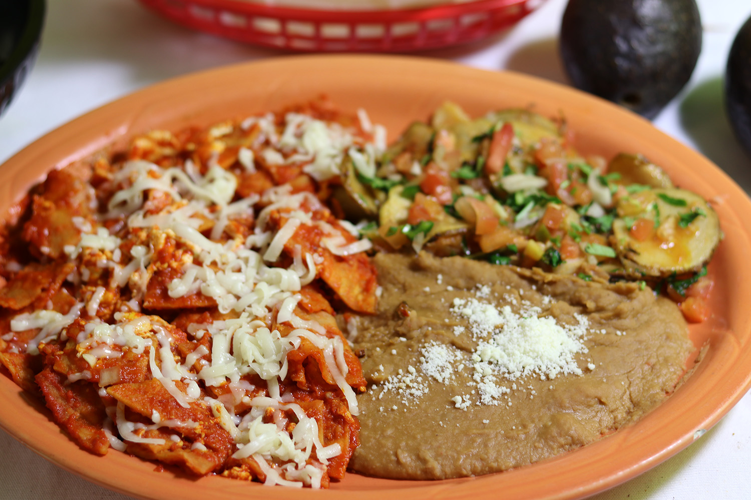 Red Chilaquiles with beans