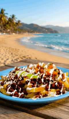 Plate of crazy fries on a beach background