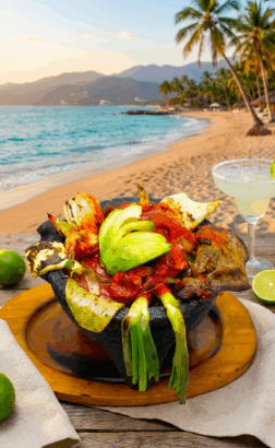 Molcajete dish on a beach landscape