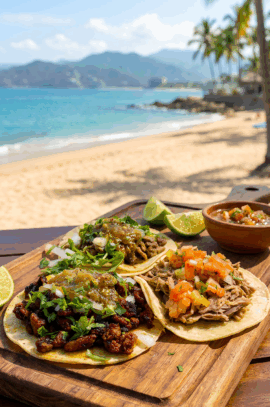 Tree street tacos on a beach background